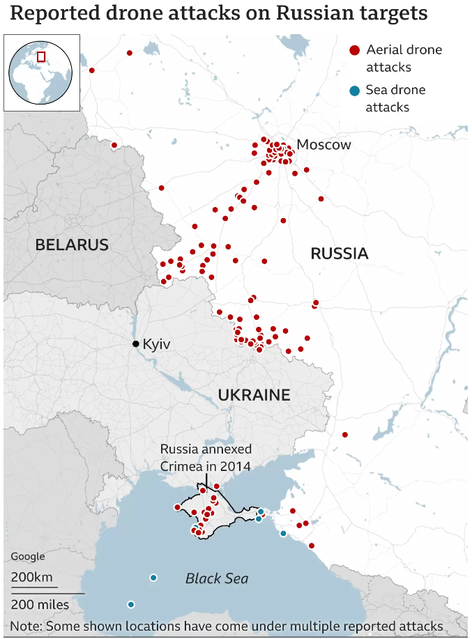 Атаки дронов по российским целям. Источник: BBC
