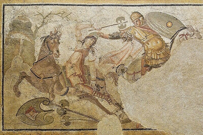 Амазономахия (битва амазонок). 2-я половина IV в. н.э., Турция, Дафне (Антиохия). Фрагмент мозаики. Из собрания Лувра