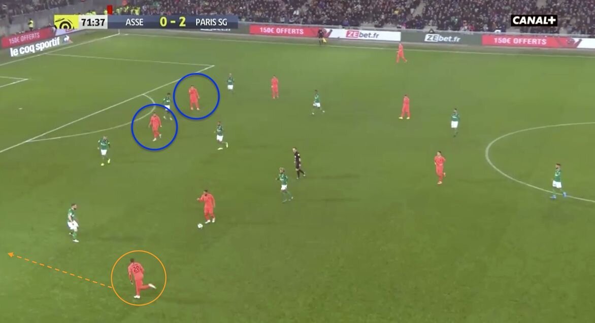 Отыгравшись с Неймаром, он забегает по флангу и получает ответный пас от бразильца