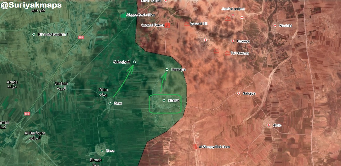 На протяжении пяти дней шли бои за Халаса, Аль-Хмейру, Калъат Джию, Зейтан и Аз-Зербу, которые переходили из рук в руки. Вчера поступили сообщения о взятии Аз-Зербы и возвращении контроля над всеми остальными населёнными пунктами, но подтверждения пока нет.
