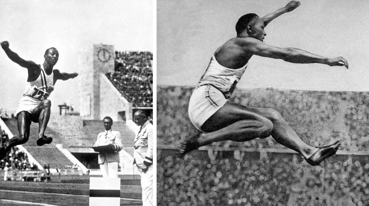 Джесси Оуэнс на летних Олимпийский играх 1936 года,  в  бутсах от братьев Дасслер