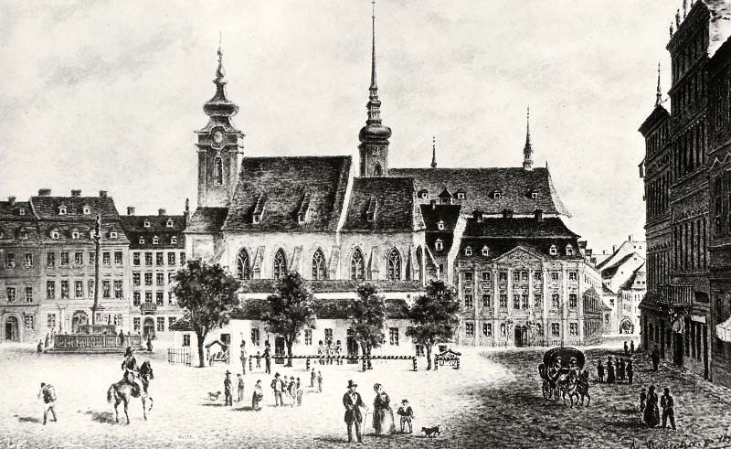 Костел св. Микулаша на площади Свободы (рисунок сер. XIX века, с "Вики")