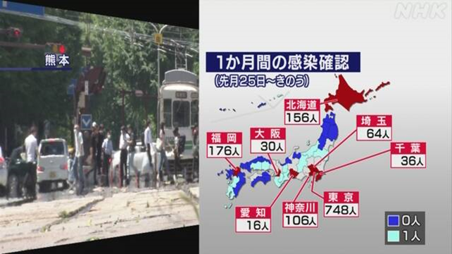 Количество инфицированных, выявленных в Японии по префектурам с 25 мая по 24 июня. Кадр NHK от 25 июня 2020 года. https://www3.nhk.or.jp/news/html/20200625/k10012483741000.html
