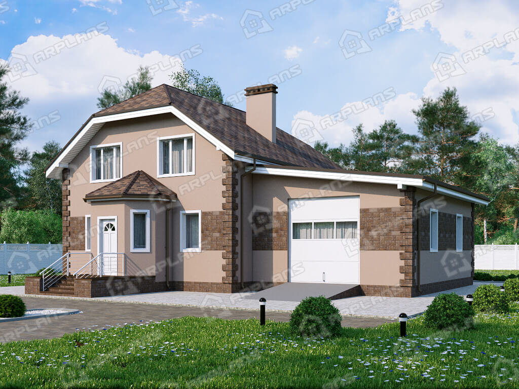 Фото 1 двухэтажного дома из блоков с мансардой, 3 спальнями, гостевой, газовой котельной и гаражом. Общая площадь 223 кв м. Источник arplans.ru Проект К-339