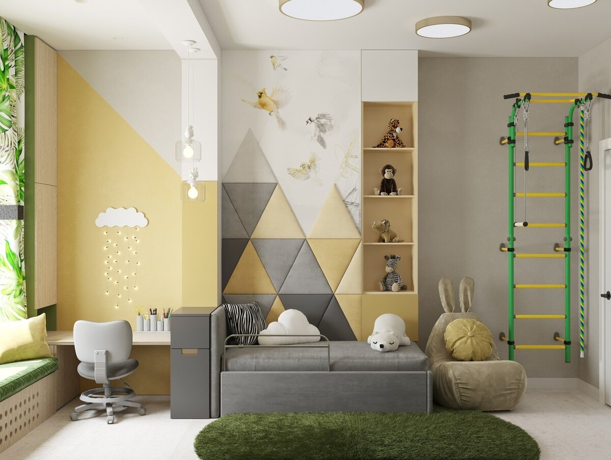 Вот такая уникальная прикроватная тумба разделяет зоны сна и рабочую. На неё можно поставить будильник или положить книгу. Обратили внимание на кресло с ушками? Так это тоже для мамы или няни, перед сном деткам захочется послушать сказки… это переносное кресло ставится по центру комнаты, тем самым у малышей не появится чувства обделенности