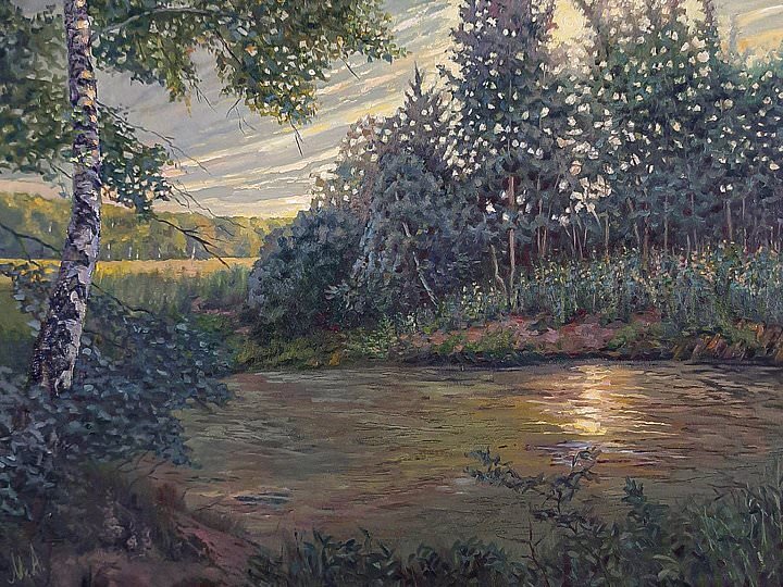 1. Andrey Makarov – Последние лучи. 2022 г. холст на подрамнике, масло Эта работа не является этюдом, т.к. работа исполнена в несколько сеансов. Изображение отсюда: andrey85.in.gallerix.ru