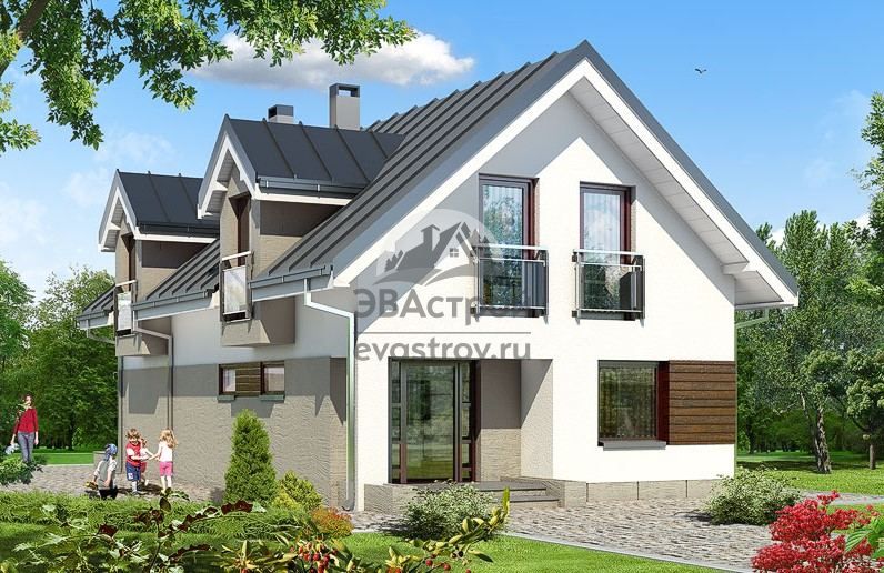 Проект дома 135 м2 из газобетона с мансардой, кабинетом, балконом и террасой - SK-18