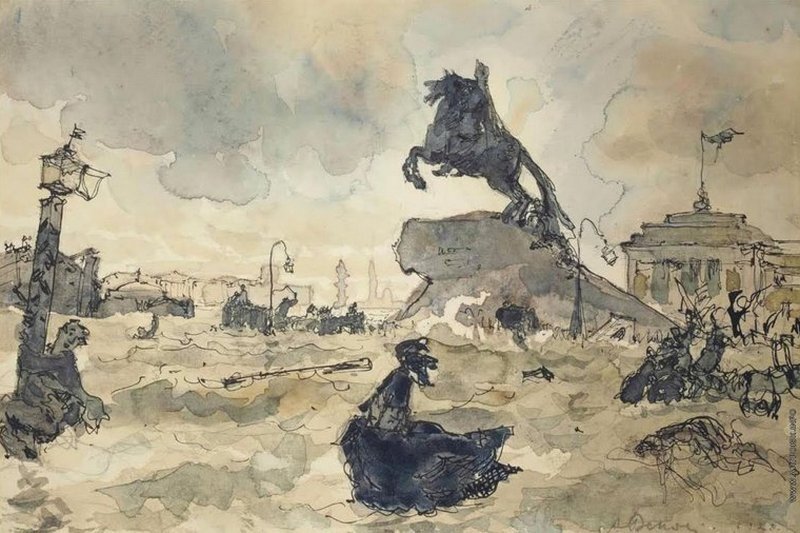 Александр Бенуа. Эскиз одной из иллюстраций к поэме А. С. Пушкина «Медный всадник». Акварель, карандаш, 1928 г. spbcult.ru