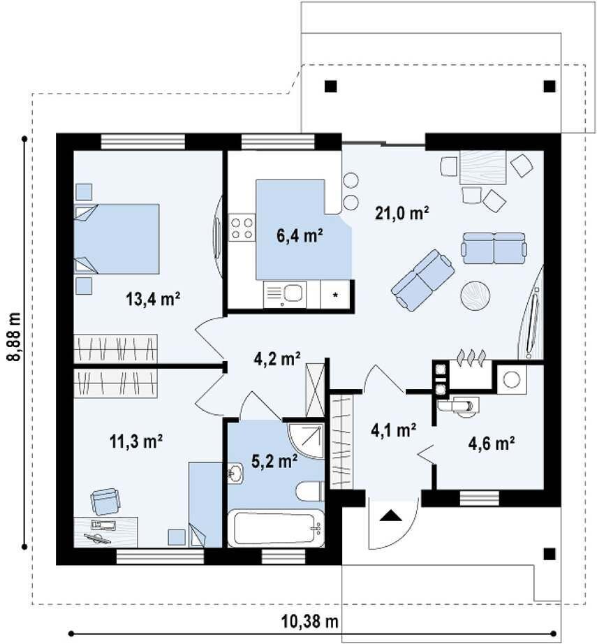 Трехкомнатный одноэтажный дом 9х10 м., общей площадью 71 кв.м.