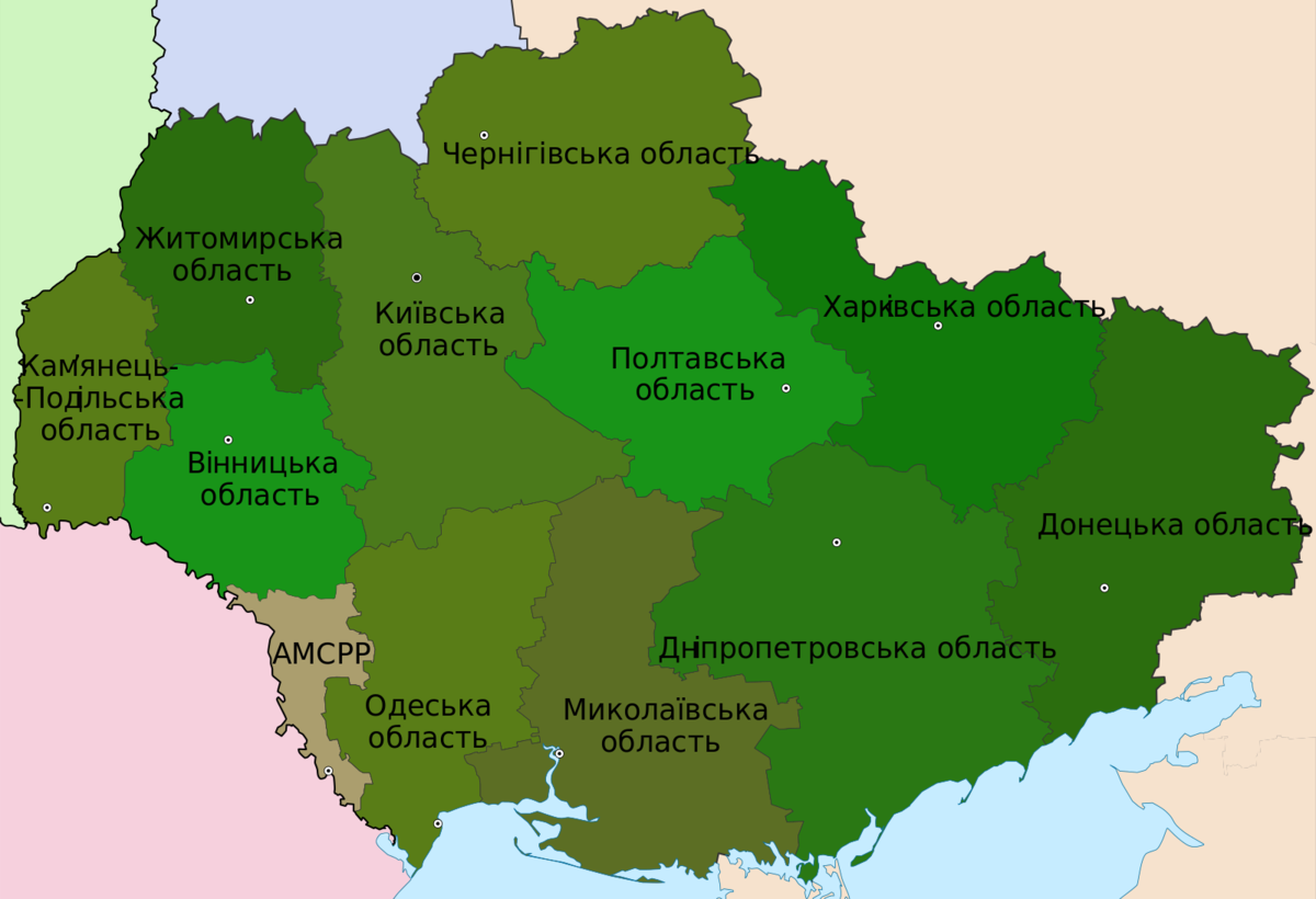 Карта украины до 1939 года с областями и городами на русском