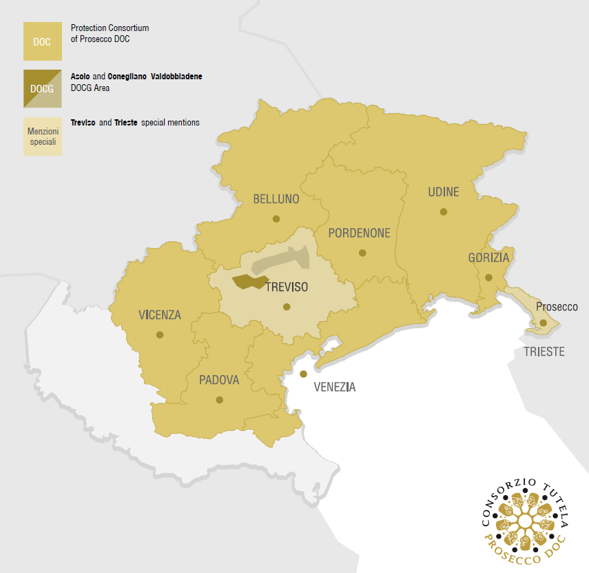 Территория производства просекко по версии Consorzio tutela prosecco DOC 