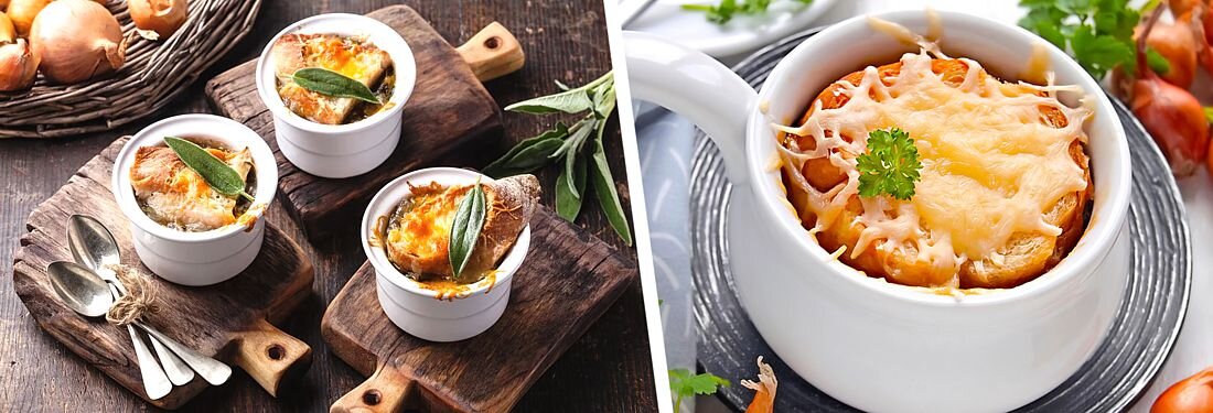 
Одно из лучших блюд Франции. Говорят, что его автор – король Людовик XV. Проголодавшись во время охоты, он не нашел в охотничьем домике из съестного ничего кроме оливкового масла, лука и вина. Обжаренный в масле лук до золотистого цвета, пассировал в вине, пока он не стал супом. Сейчас в него не всегда добавляют вино, а падают густо посыпанным сыром с гренками (крутонами).

￼
