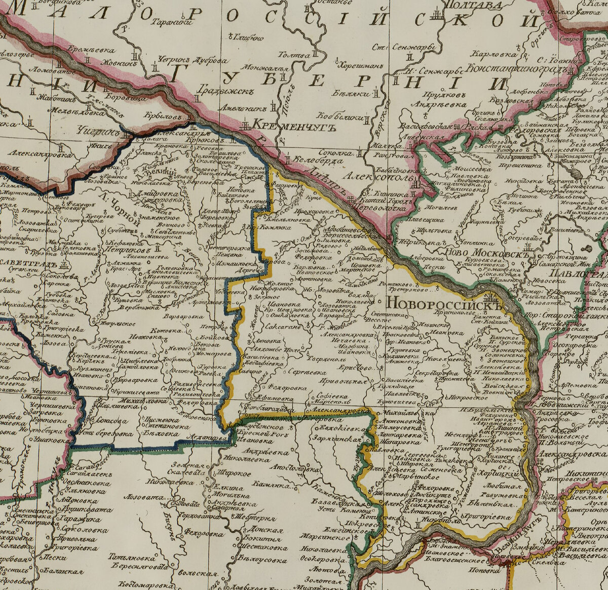 Атлас Российской империи. 1800 год. Лист 38. Новороссийская губерния из 12 уездов. 