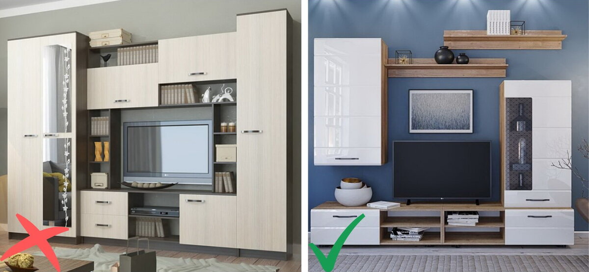 В маленькой комнате левый вариант займёт всю стену, а правый - только часть и оставить больше «воздуха». Фото: Нонтон.