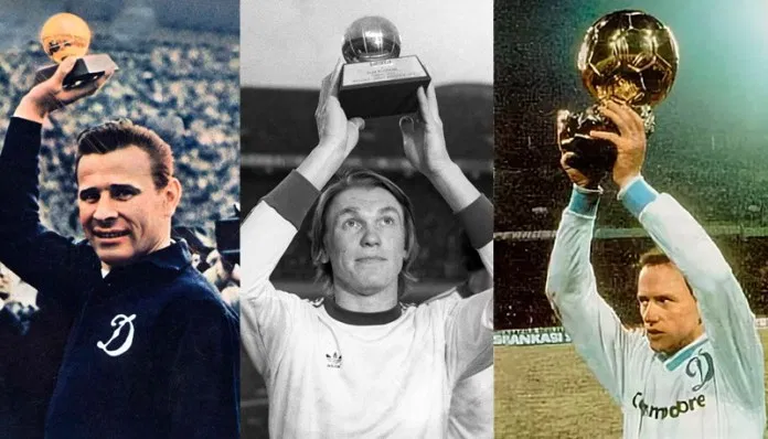 Кстати, именно этот период уместил в себе все триумфы советских спортсменов (всего их было три). Слева направо: Лев Яшин(1963), Олег Блохин(1975) и Игорь Беланов(1982). Все - игроки "Динамо": Яшин - московского, Блохин и Беланов - киевского