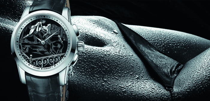 Ulysse Nardin Hourstriker Erotica Jarretiere, корпус 42 мм из платины, автоматический калибр UN-611 с 30-минутным репетиром и жакемарами, циферблат из оникса, лимит 28 экземпляров