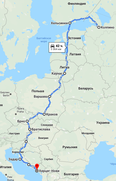 Примерный маршрут "На Юг" на Гугл-картах
