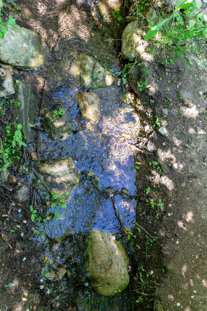 1. Ручей в Соколином, левый приток Коккозки. Видны большие камни на его дне. В водной глади отражается голубое небо.