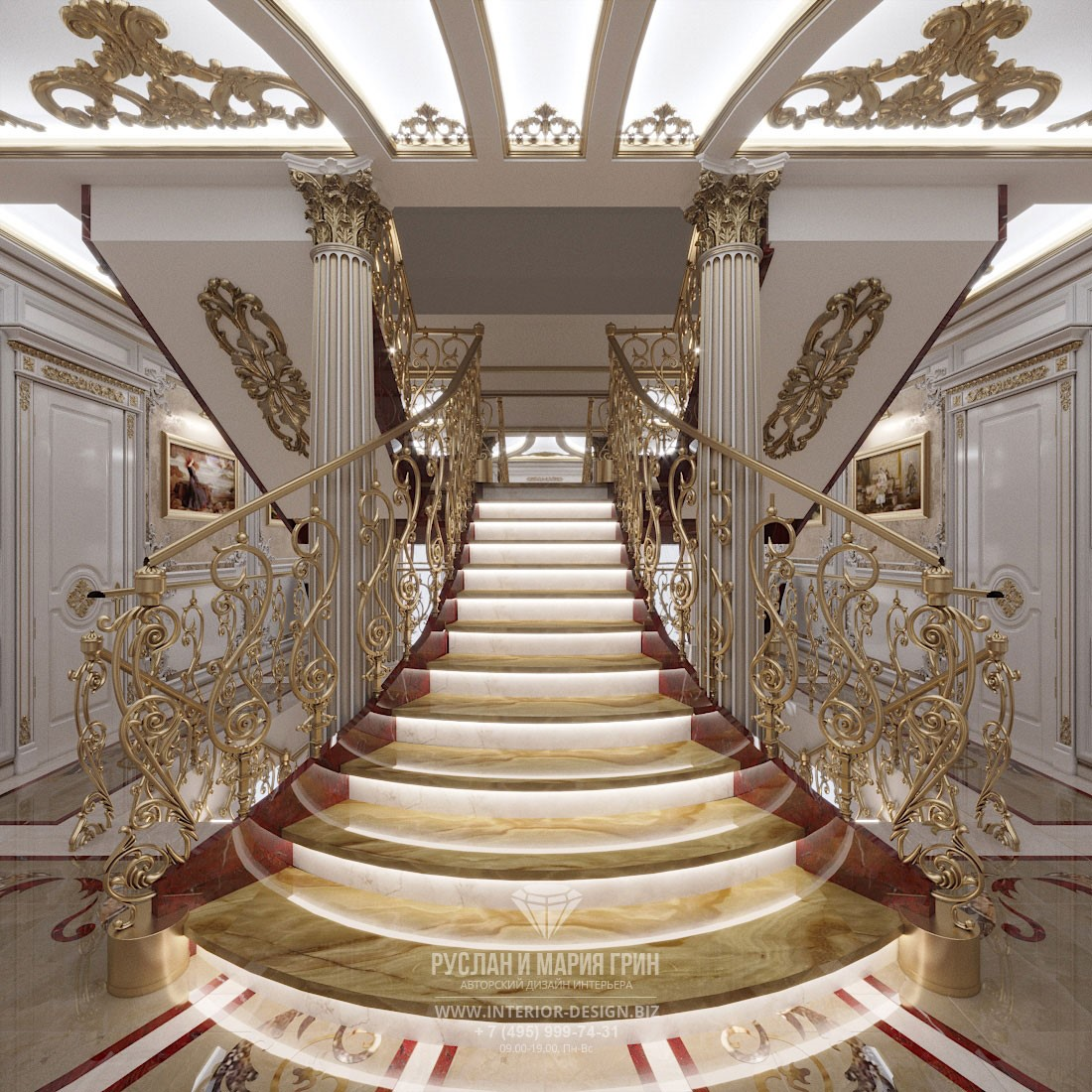 На фото: Лестница с подсветкой в холле элитного загородного дома