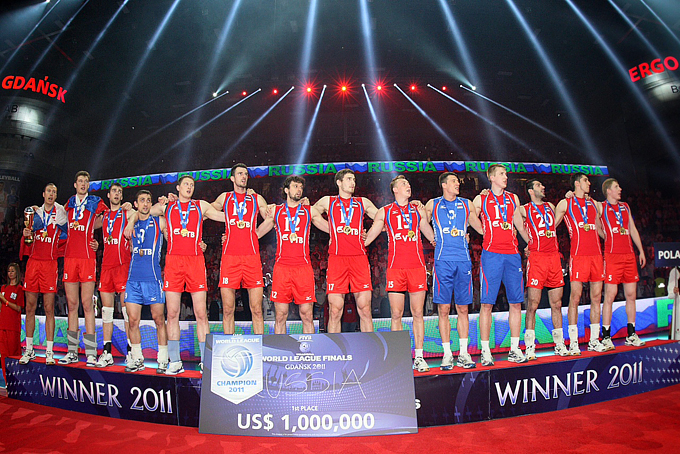 Российская команда на церемонии награждения,Мировая Лига 2011