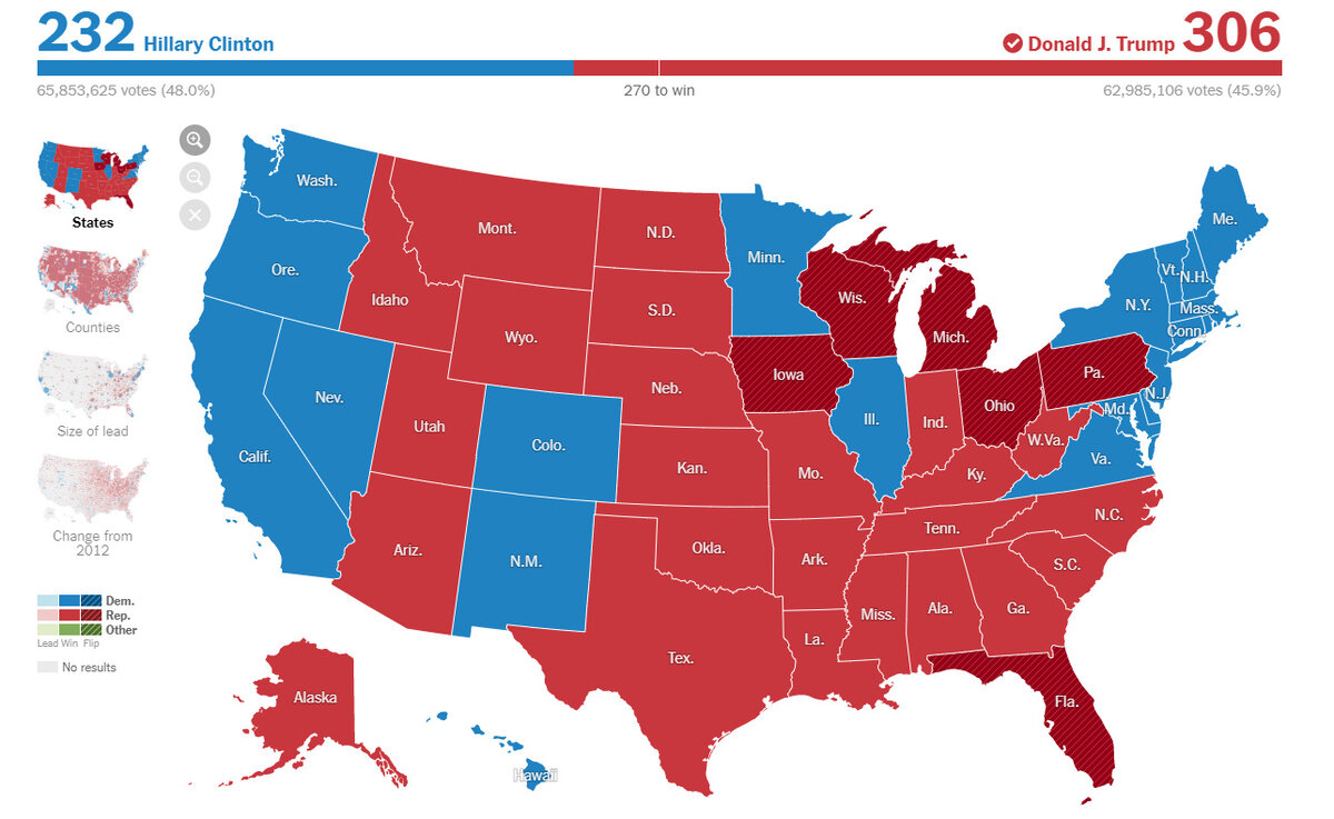 Карта Трамп против Клинтон в электорах
