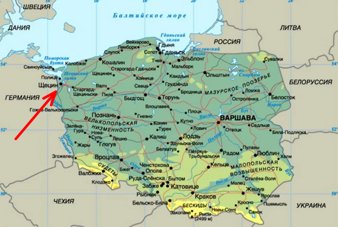 Щецин на карте, взято с Яндекс.Картинок