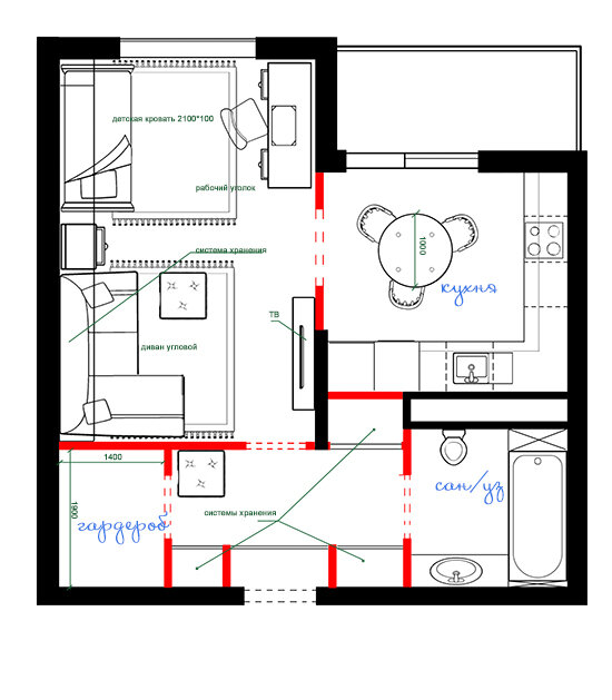 ВАРИАНТ ПЕРВЫЙ. ЗДЕСЬ ВСЕ “СТАНДАРТНО”. КУХНЯ В ЭТОЙ ПЛАНИРОВКИ ОСТАЕТСЯ НА СВОЕМ МЕСТЕ, ЕСТЬ ВХОДНАЯ ЧЕТКО ОБОЗНАЧЕННАЯ ЗОНА И ДАЖЕ С ГАРДЕРОБОМ. ПОСМОТРИТЕ КАК КРАСИВО ИДУТ ПО ОСЯМ ПРОЕМЫ В САНУЗЕЛ И ГАРДЕРОБ. КАК КРАСИВО ОТ ВХОДА СРАЗУ ВИДЕН ЖИЛОЙ МАССИВ ПРОСТРАНСТВО КОМНАТЫ. КУХНЯ ОТДЕЛЯЕТСЯ ПЕРЕГОРОДКОЙ ЛЕГКОГО ПРОИЗВОДСТВА, ИЗ СТЕКЛА НАПРИМЕР. РОДИТЕЛИ БУДУТ СПАТЬ КОНЕЧНО НА ДИВАНЕ, РЕБЕНКУ ВЫДЕЛЕН СВОЙ МИНИ-КАБИНЕТ. ОТДЕЛИТЬ РЕБЕНКА ОТ РОДИТЕЛЕЙ ЗДЕСЬ МОЖНО ПЛОТНОЙ ШТОРОЙ. СИСТЕМА ХРАНЕНИЯ В КОМНАТЕ ИДЕТ ПОД САМЫМ ПОТОЛКОМ. ОНА ОЧЕНЬ ВМЕСТИТЕЛЬНАЯ. ДЛЯ СОЗДАНИЯ ДОМАШНЕЙ АТМОСФЕРЫ КОМНАТЫ В ЭТОЙ СИСТЕМЕ НАДО НАЙТИ БАЛАНС  И СОЕДИНИТЬ ОТКРЫТЫЕ И ЗАКРЫТЫЕ ПОЛКИ.