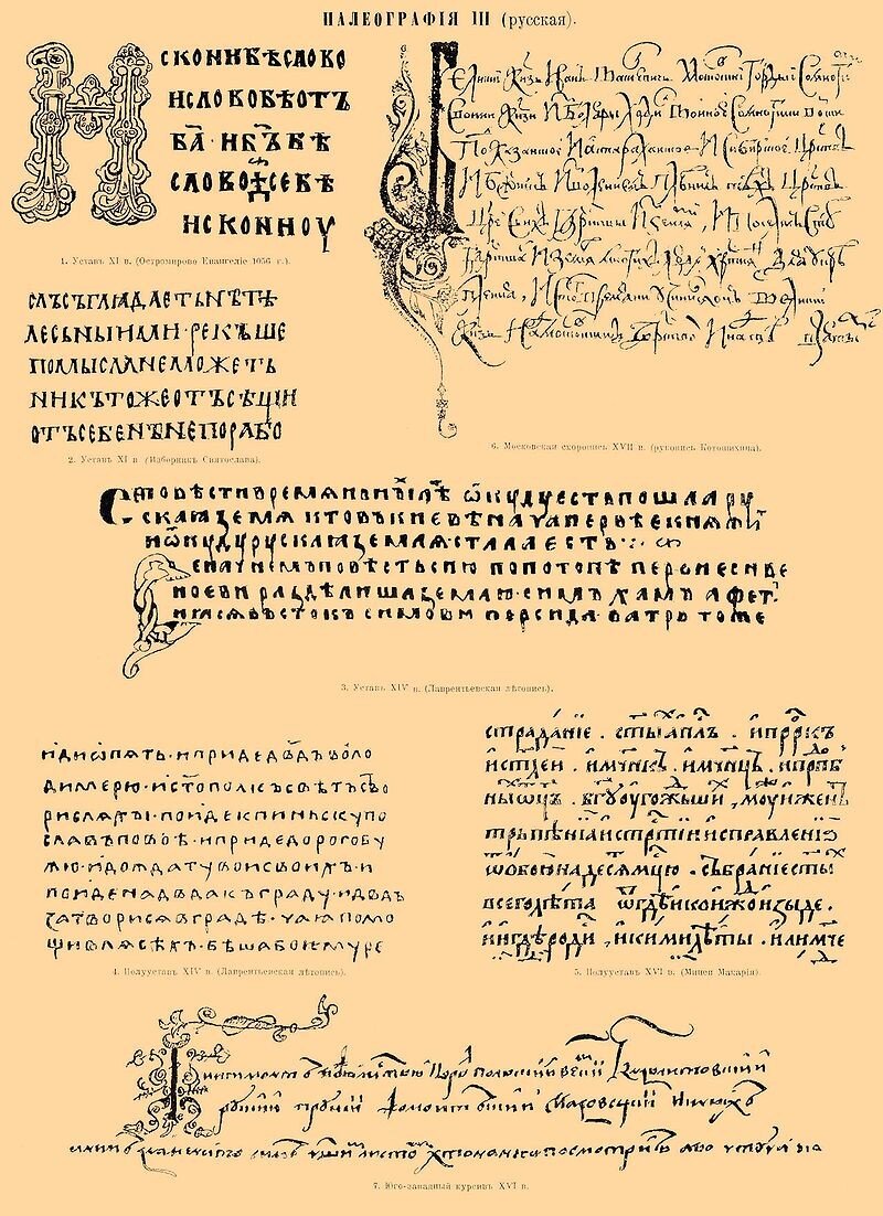1. Образцы русской палеографии. Илл. из Энциклопедического словаря Брокгауза и Ефрона (1890—1907)