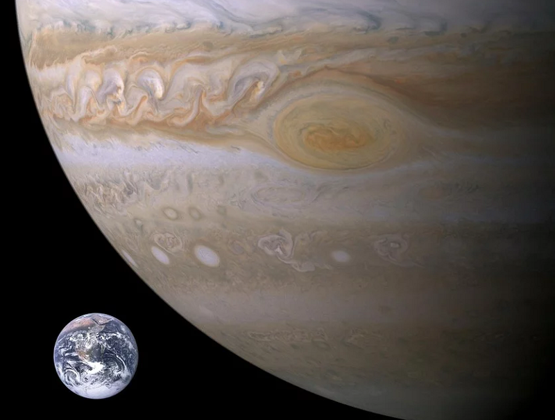 Земля по сравнению с Юпитером и Большим Красным пятном