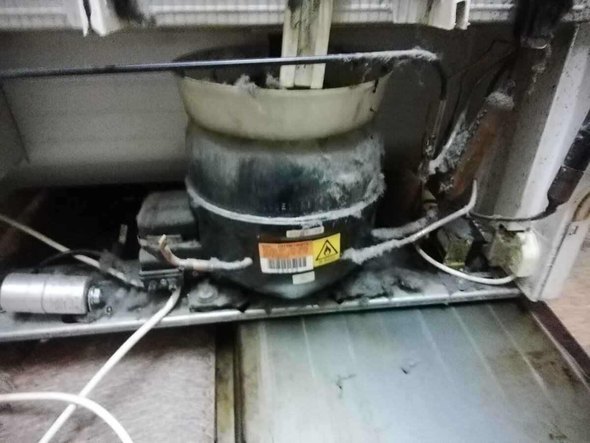 Разворачиваю холодильник. компрессор, хоть и грязненький, но работает. Фото автора.