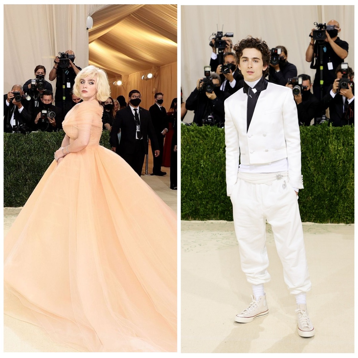 Билли Айлиш в Oscar de la Renta                      Тимоти Шаламе в Haider Ackermann