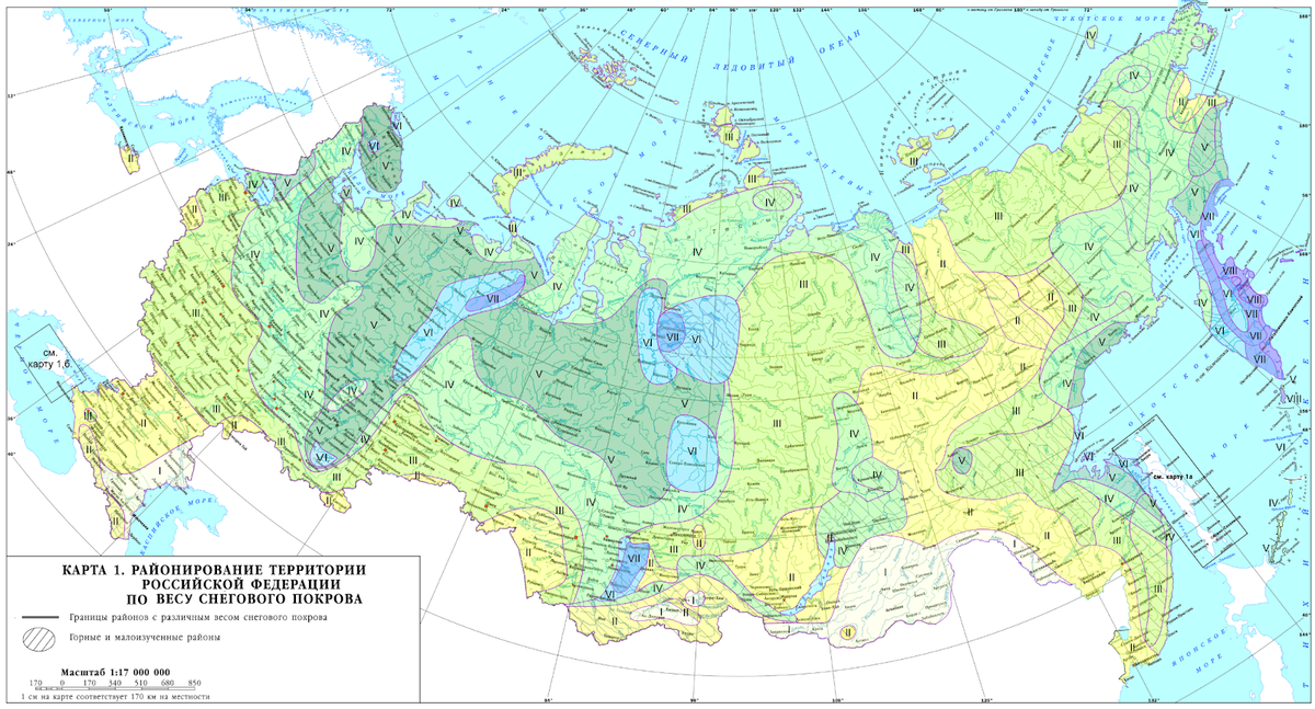 Карта снеговых районов. Обратите внимание, что в пределах одной области могут быть разные снеговые нагрузки