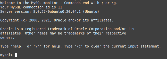 Экран командной оболочки MySQL