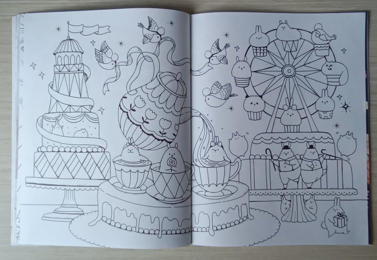 А это чаепитие тоже найдено в раскраске "Миллион лам". Здесь звери, как видите, пьют напиток на аттракционах. Или, может, это торты и сделаны в форме каруселей. Но это неважно, главное, что зверьки на картинке довольные. Да и под тематику подходит.