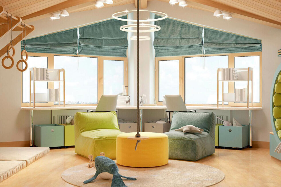 Ящики на колесах для игрушек, разноцветные кресла и пуфы