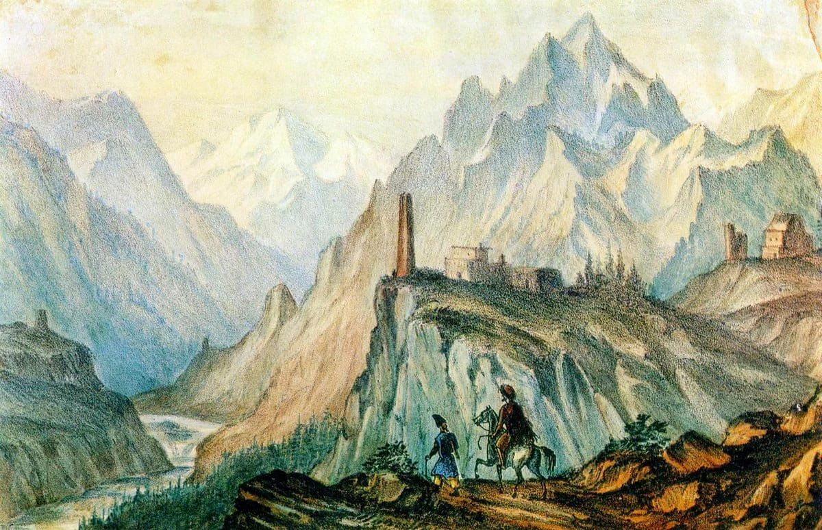 М.Ю. Лермонтов.  "Вид Крестовой горы из ущелья близ Коби", 1837, бумага, автолитография, раскрашенная акварелью, 14,6 х 22,5.