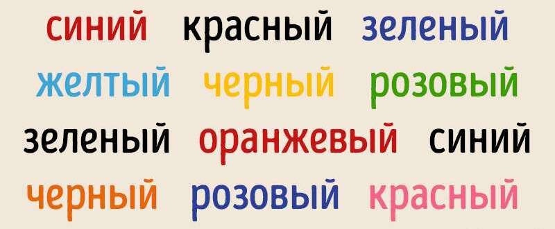 Фото с яндекс.картинки. Вам нужно поочередно называть цвет каждого написанного слова, не обращая внимания на его значение.