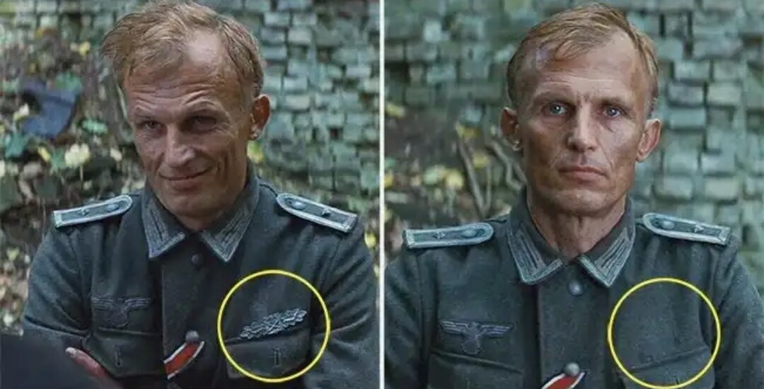 У немецкого фельдфебеля, которого до смерти избивают бейсбольной битой, исчезает с формы и снова появляется во время выстрелов нагрудный знак.