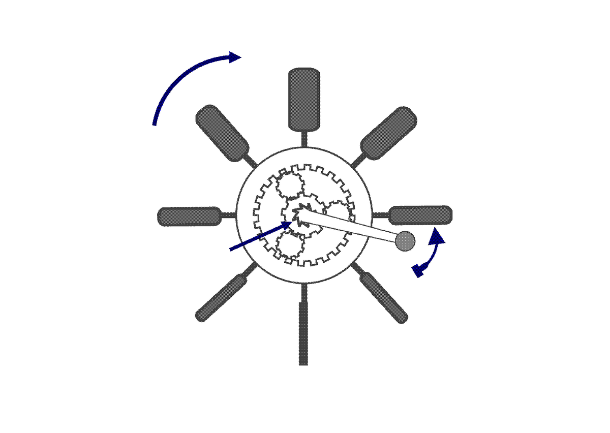 Механизм противохода: колесо вращается в противоположную рукоятке сторону (показано стрелками). Прямой стрелкой показан механизм блокирования обратного хода.