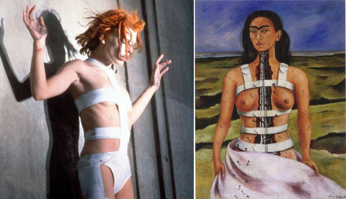 Слева - Мила Йовович в роли Лилу, справа - картина Фриды Кало "Сломанная колонна" (1944, Музей Долорес Ольмедо-Патиньо, Мехико).