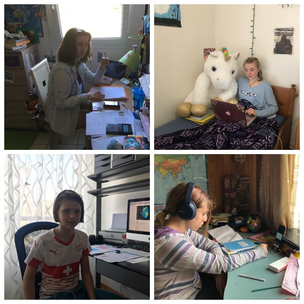 Алиса из Франции, Маша из США, Лиза из Швейцарии и Катя из Москвы на онлайн-уроках на карантине. Полный сумбур, но школу не бросаем!