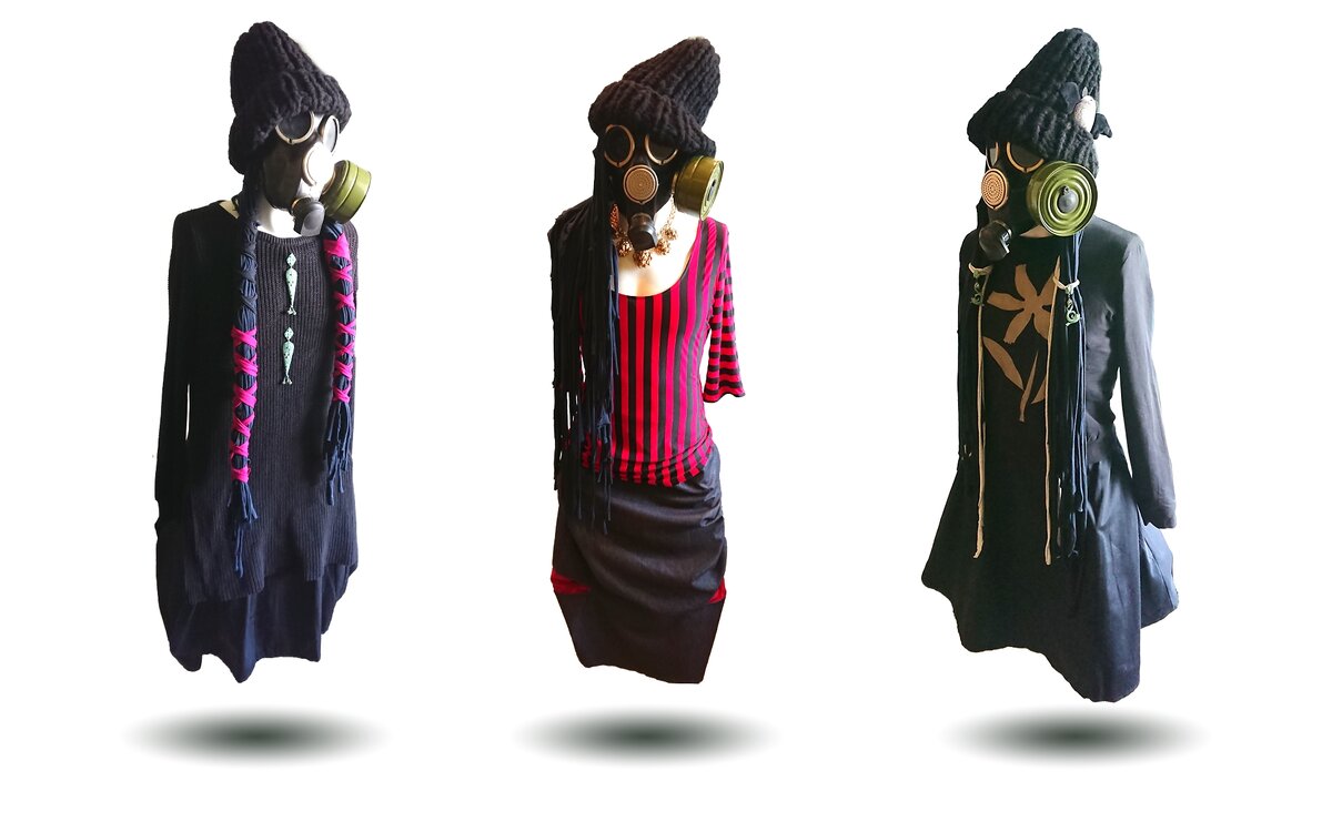 Вся  одежда куплена в секонд-хенде, кроме шапки и  юбки с красными вставками в центре. На косы пожертвовала  три футболки.