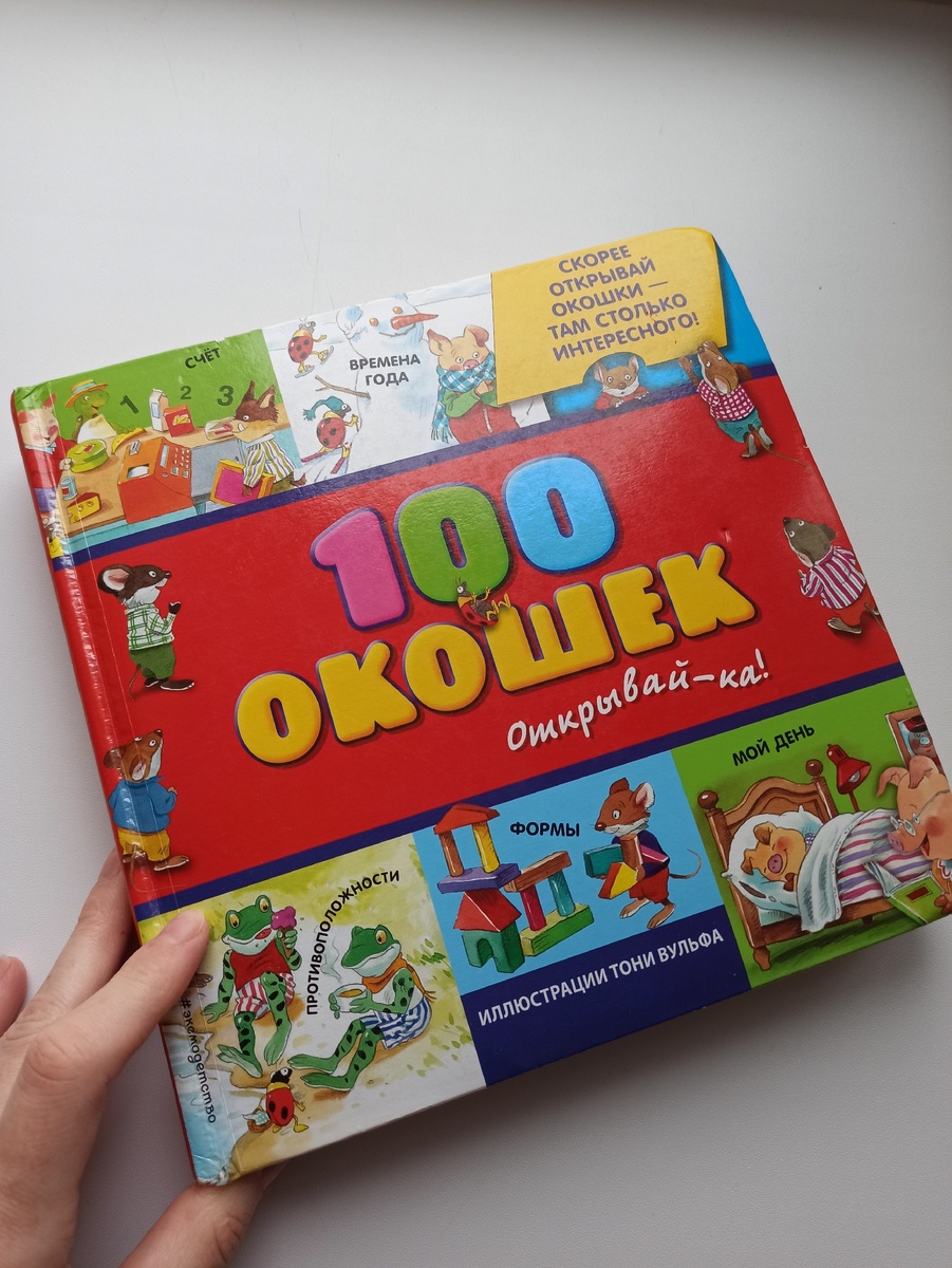 1. Книжка с окошками, смотрим ее с 1 годика, поэтому что-то съедено, что-то почнуто и порвано. Это любовь была с первого взгляда. Стоимость около 500 рублей, но она того стоит! 