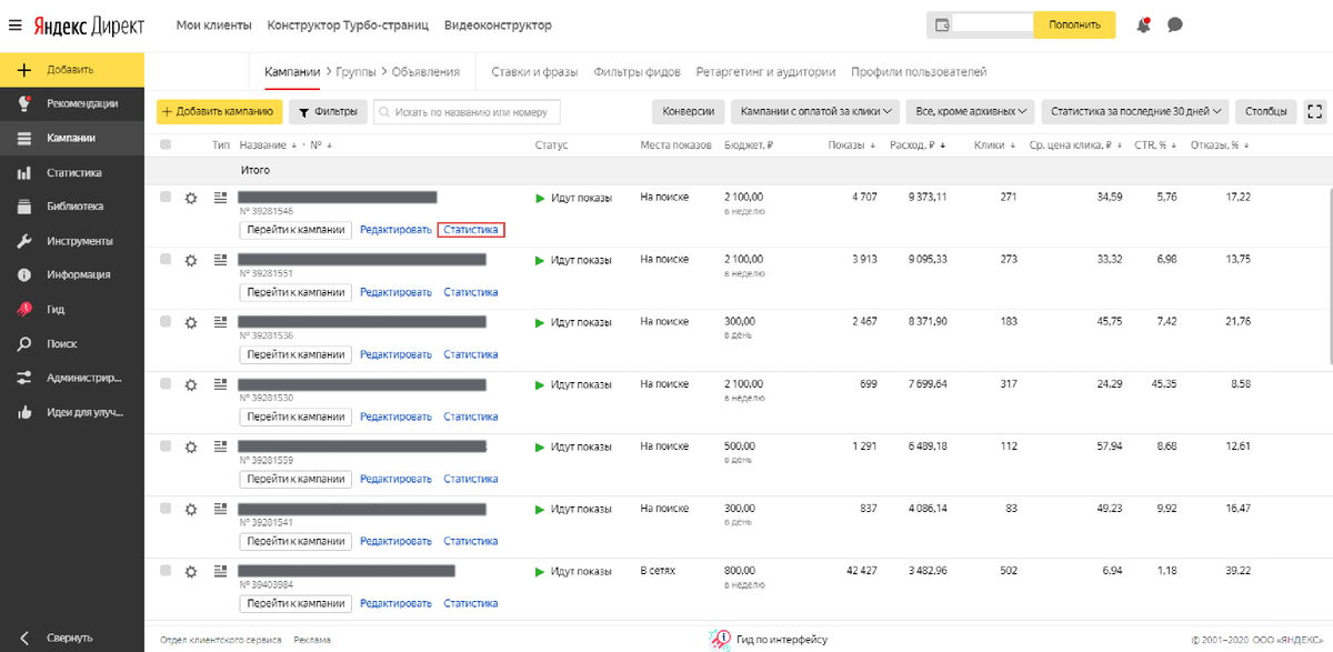 Находим статистику по рекламным кампаниям