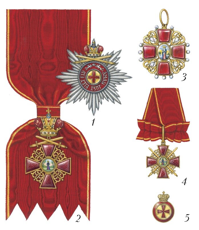 Орден Святой Анны 1. Звезда ордена с мечами и короной, 2. Лента и знак ордена 1-й степени с мечами и короной, 3. Знак ордена 1-степени, 4. Знак ордена 2-й степени, 5. Знак ордена 4-й степени на холодное оружие.