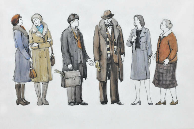 А над хорошо знакомыми всем нам костюмами главных героев ленты работала Ольга Кручинина (одна из основателей мастерской художника по костюму ВГИК). Вот один из ее эскизов к фильму. Кстати легендарное платье цвета охры уже появлялось ранее в кино - его можно увидеть в фильме "Опасный поворот" на героине Антонины Шурановой. Источник фото: bellezza-storia.livejournal.com