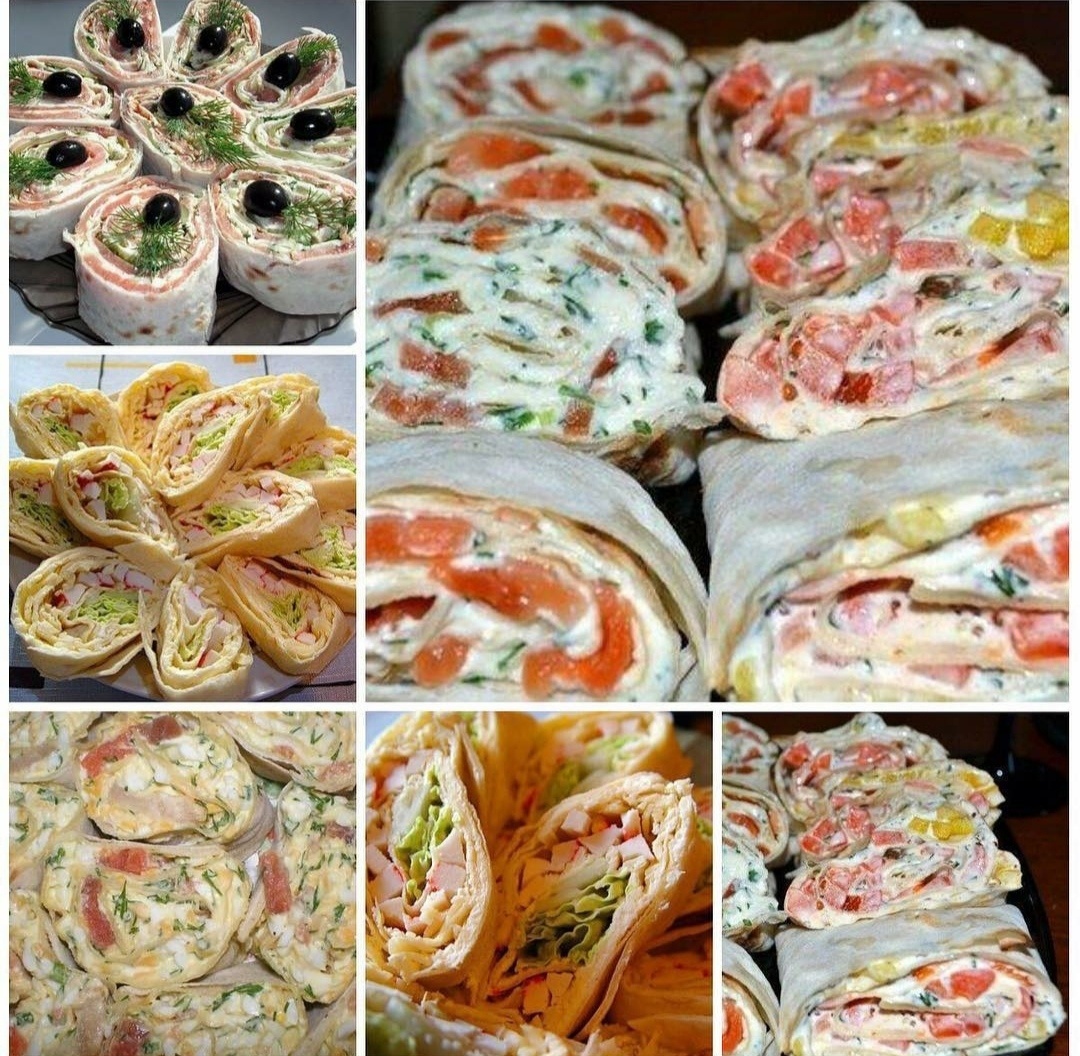 На тонкий лаваш выложить начинку, завернуть в рулет, дать пропитаться 30 минут и нарезать на кусочки. 