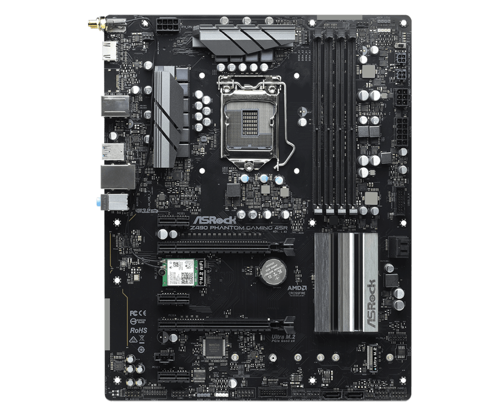 Z490 Phantom Gaming 4SR (внимательные читатели могут увидеть, что на плате нет привычного 24 pin разъёма, а так же справа от DIMM разъёмов расположены преобразователи питания)