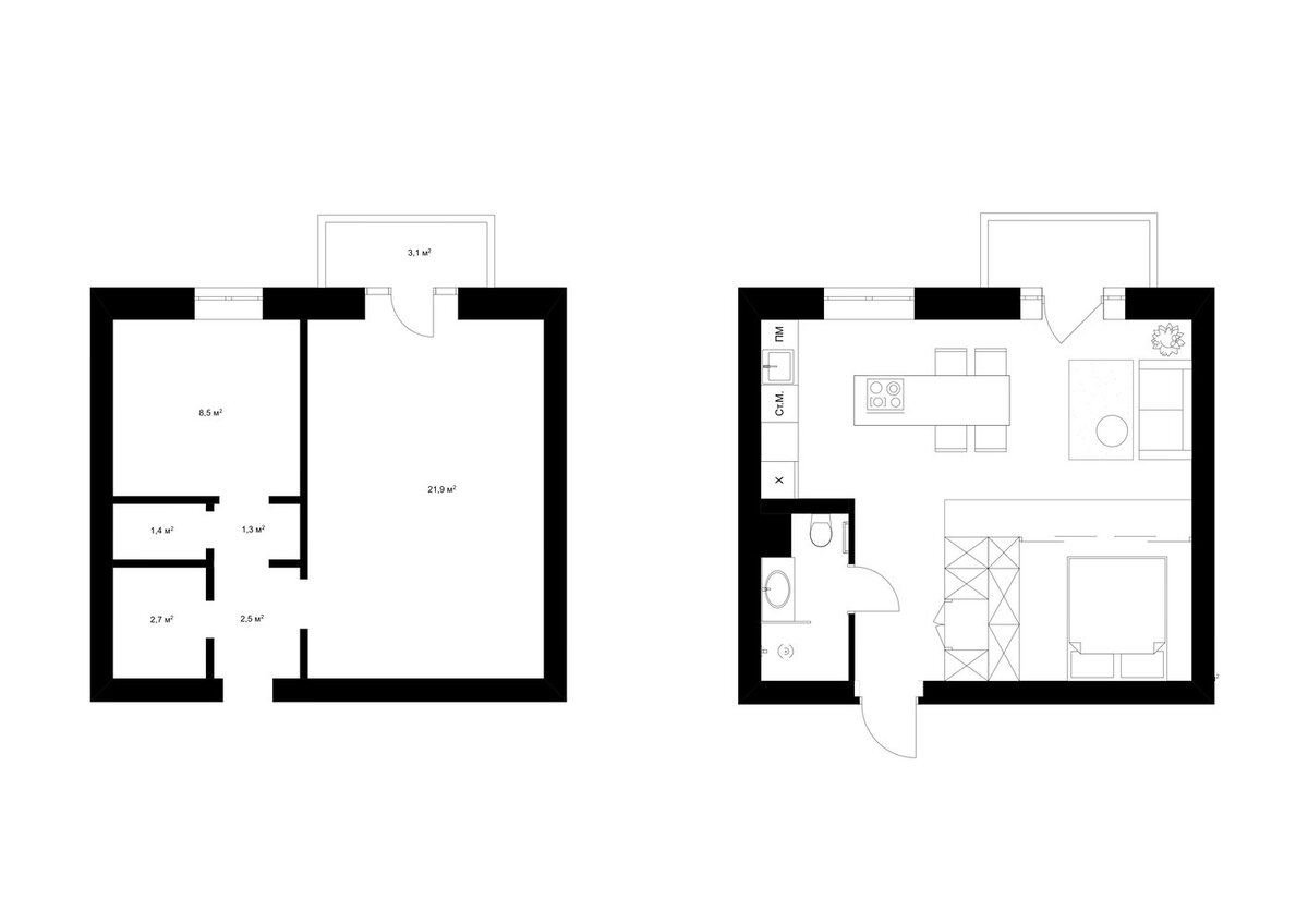 Большую площадь квартиры заняла кухня-гостиная с большим островом. Раздельный санузел объединили, а спальню упаковали в куб. Перепланировка коснулась и газовой плиты, её заменили на электрическую. Интерьер оформили в светлых тонах: стены покрасили, а на пол везде, кроме санузла, положили паркетную доску.