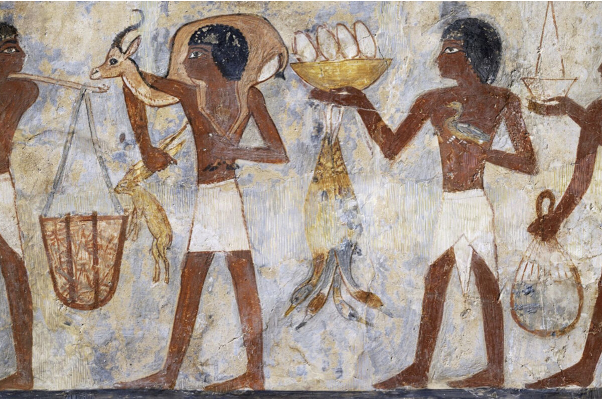 Подношение газели, зайца, яиц и птиц, картина в гробнице Оунсу в Западных Фивах. Египетская цивилизация, Новое царство (XVIII династия), около 1450 года до н. э. Париж, Музей Лувр